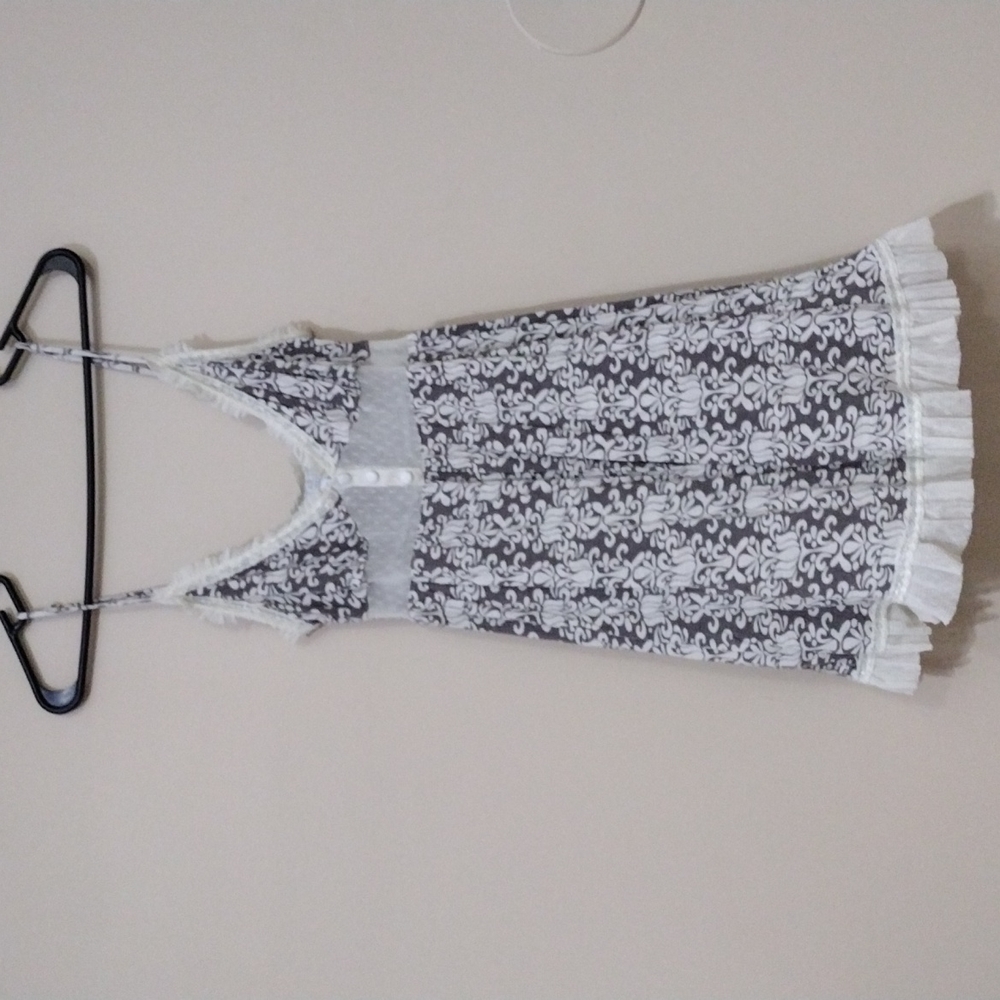 Gray & Ivory Paisley Slip Dress w/ Lace